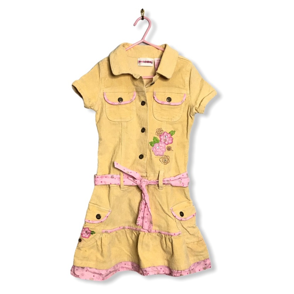 No Kidding | Yellow Corduroy Dress w/ Floral Pink •